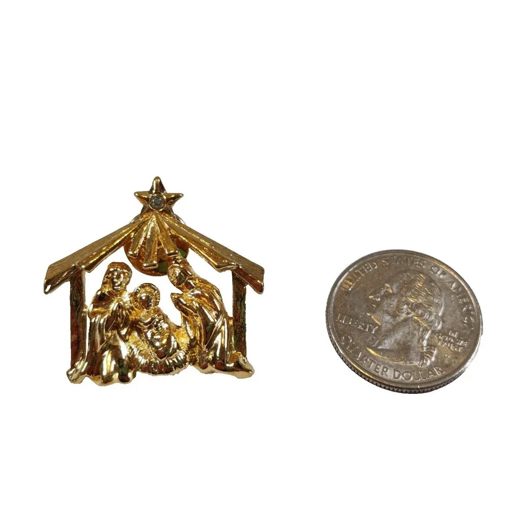 Vintage Gold Tone Rhinestone Nativity Scene Brooch Pin